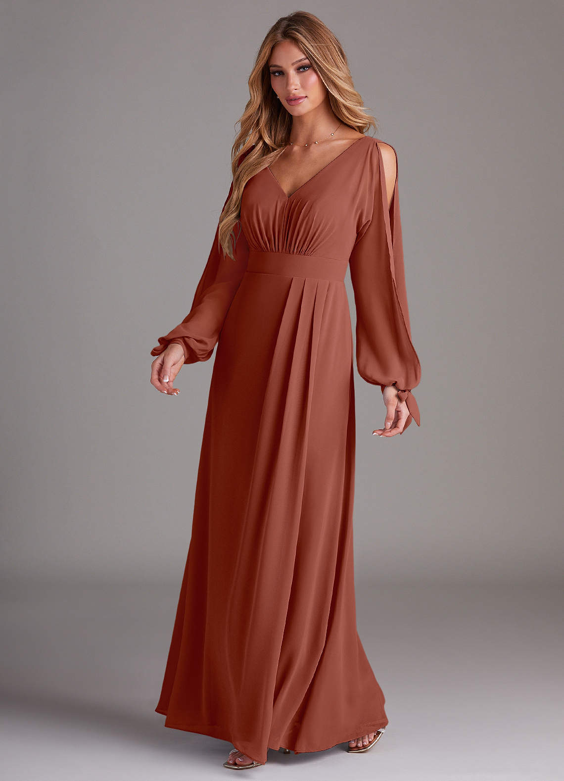 Azazie Matilda Bridesmaid Dresses Auburn A-Line Long Sleeve Chiffon Dress image1