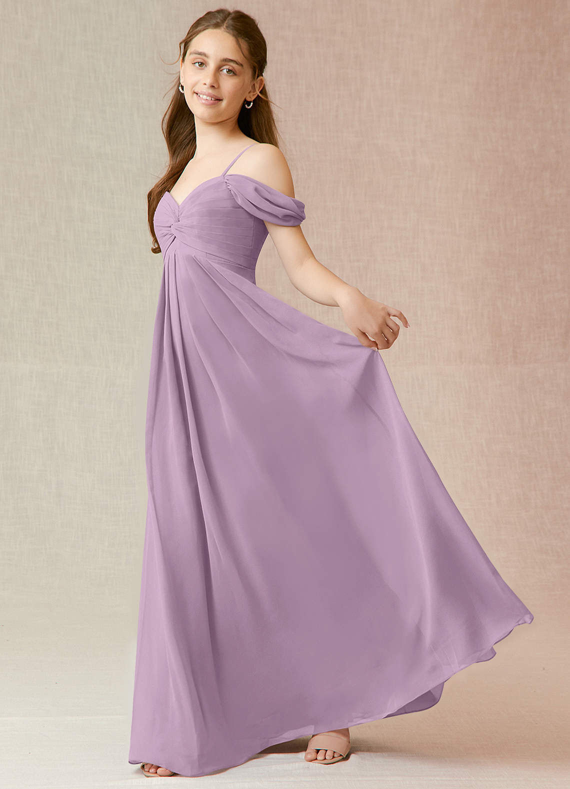 Off-the-shoulder Junior Bridesmaid Dresses with Sash Orchid