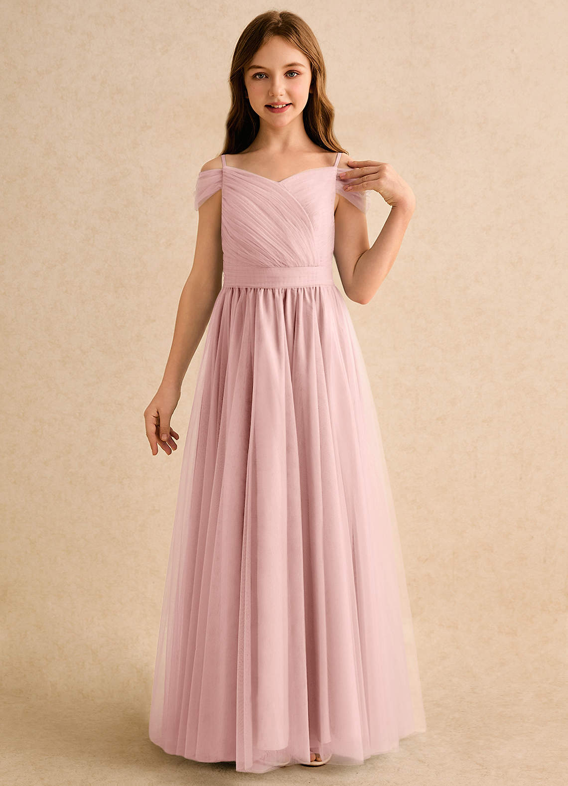 Azazie Yuna Girls Formal Abiti da Ragazza di Fiori Abito A-Line in Tulle Spalle Scoperte Rosa Cipria image5