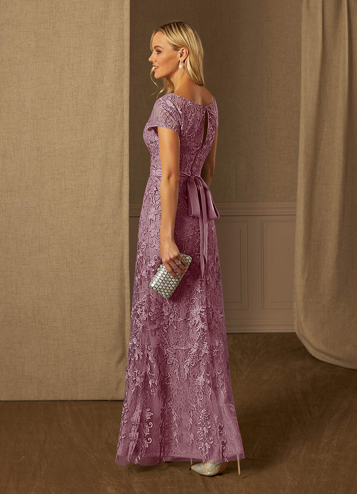 Azazie Dorit Vintage Mauve Sheath Scoop Lace Dress Ready to Ship | Azazie