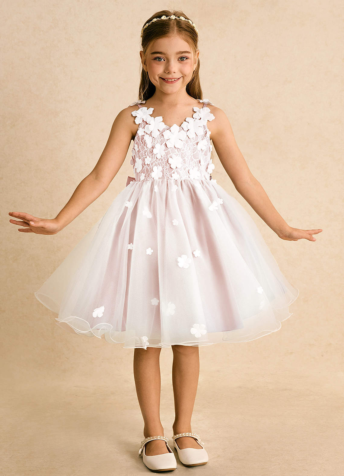Azazie Junebug Flower Girl Dresses Ivory Blushing Pink Ball-Gown Lace Tulle Dress image2
