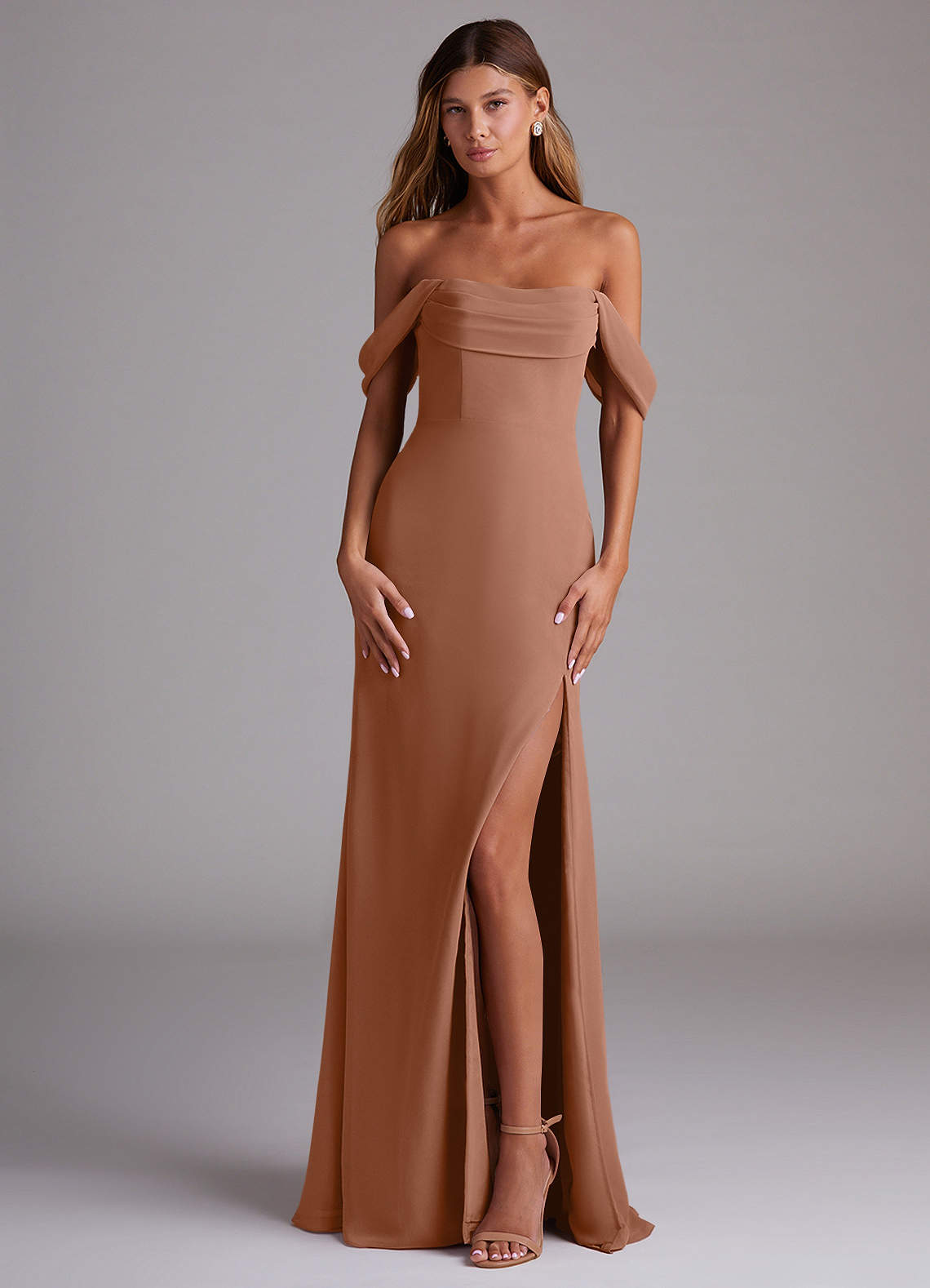 Azazie Saige Bridesmaid Dresses Bronzer A-Line Off the Shoulder Chiffon Convertible Dress image1
