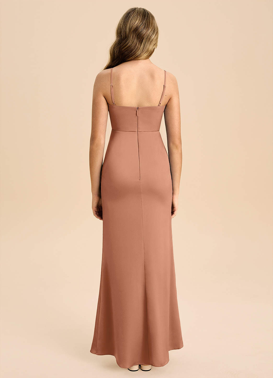 Azazie Buzzy Junior Osłona Pofałdowany Satyna elastyczna Długość podłogi Młodsza druhna Sukienka image1