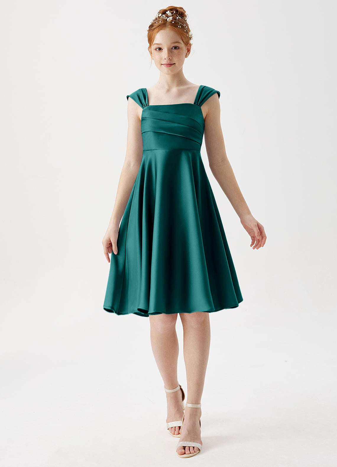 Azazie Amira Junior Peacock A-Line Pleated Stretch Satin Dress image1