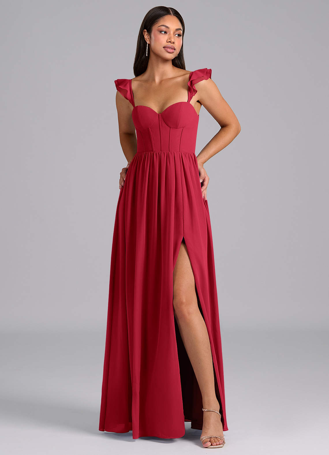 Azazie Denisse Abiti da Damigella Abito A-Line in Chiffon Increspato Scarlatto image1
