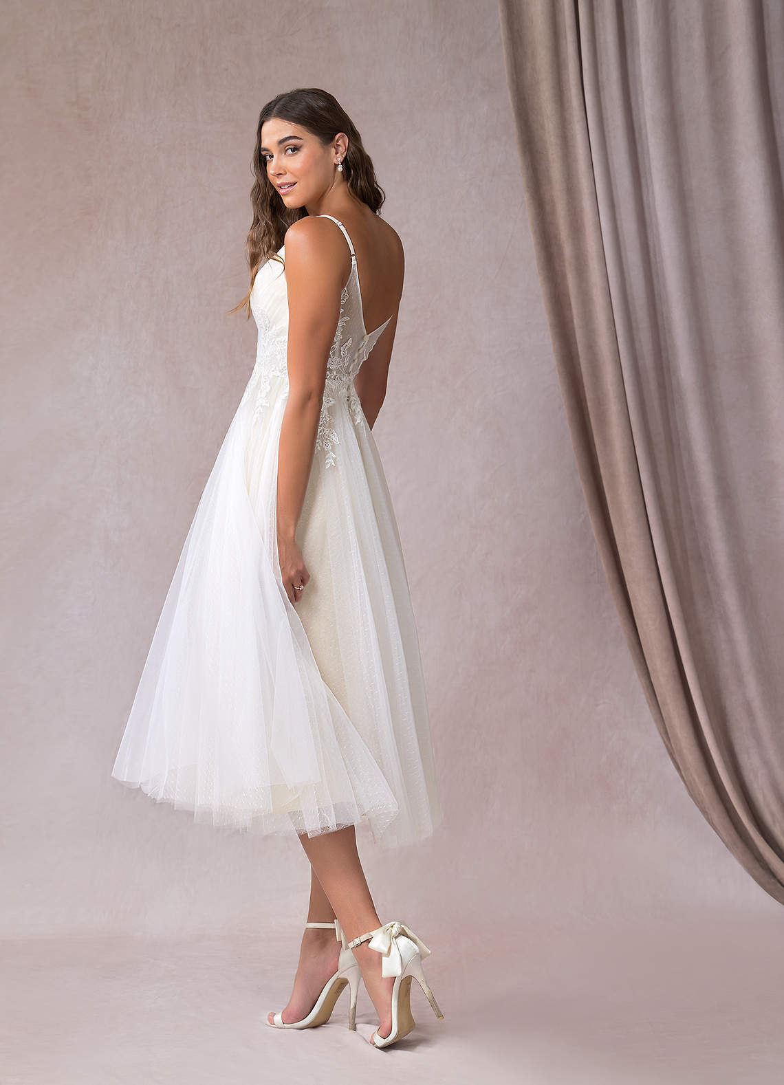 Azazie Liana Wedding Dresses A-Line V-Neck Sequins Tulle Tea-Length Dress image1