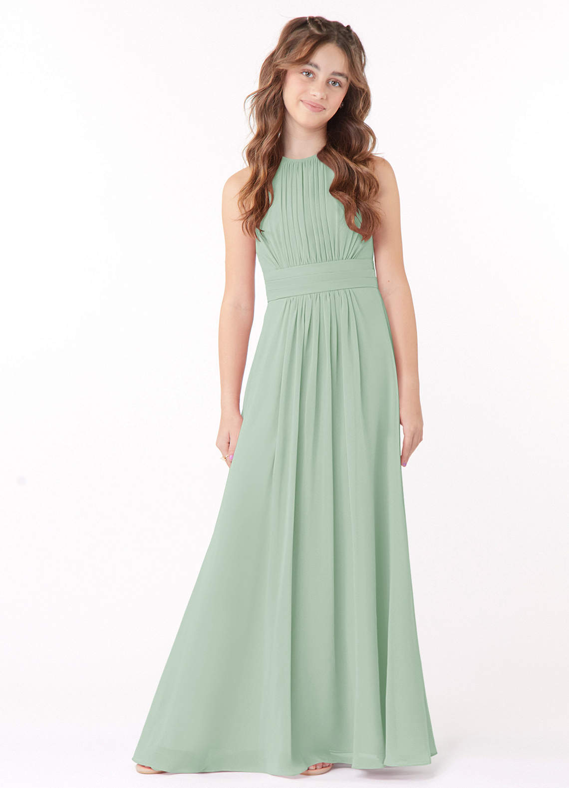 Azazie Bonnie Junior Abito A-Line in Chiffon Plissettato Agave image1