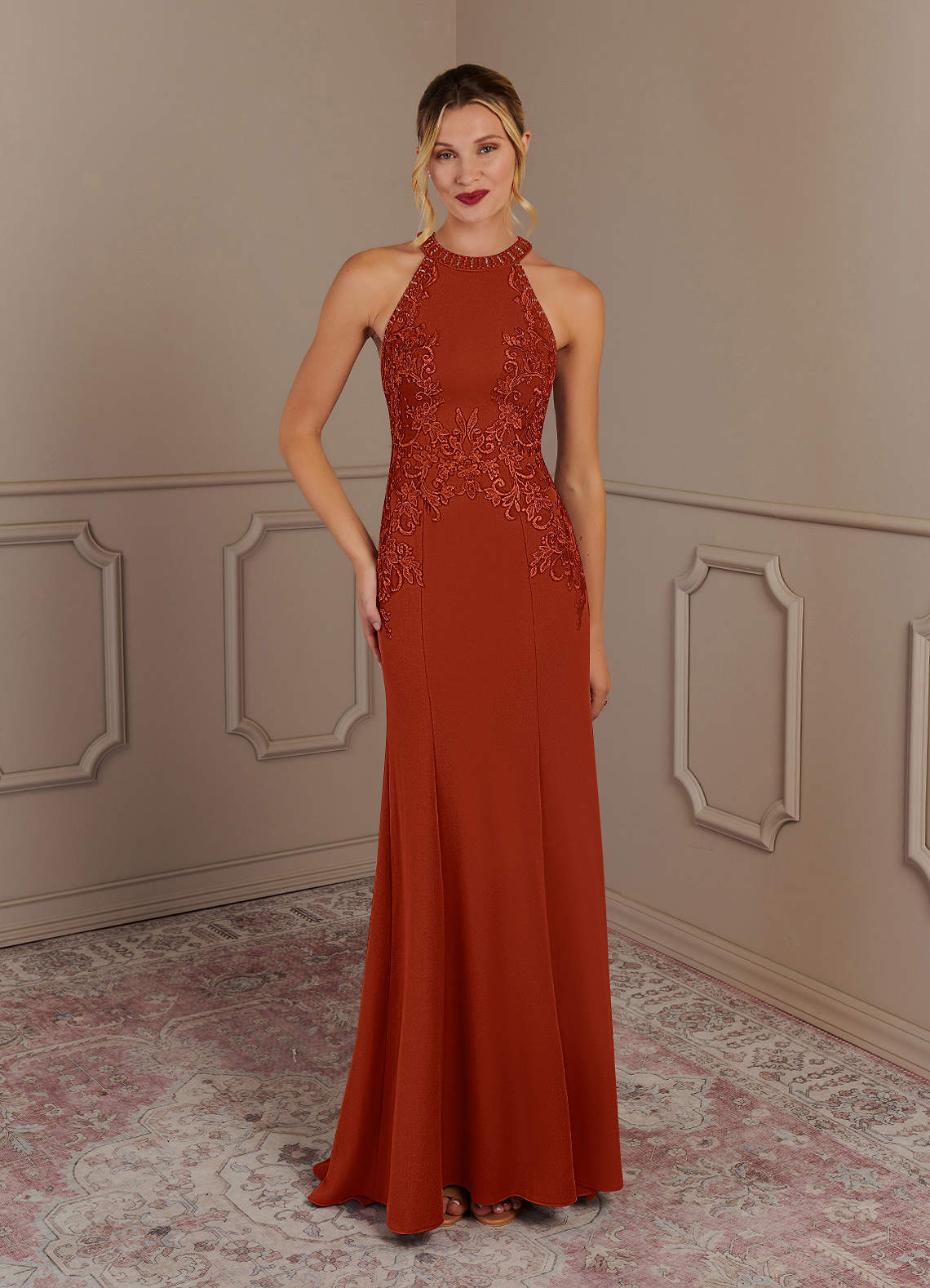 Azazie Tyra Mother of the Bride Dresses Rust Mermaid Halter Lace Stretch Crepe Dress image1