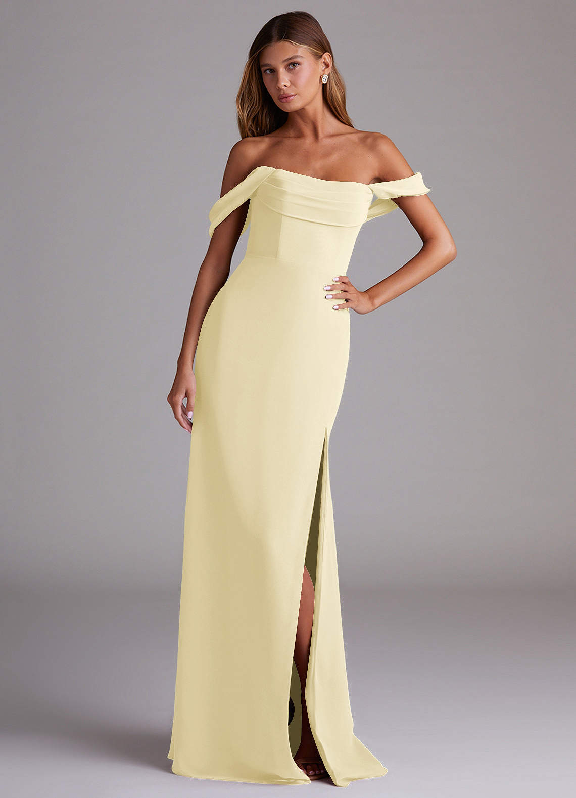 Azazie Saige Bridesmaid Dresses Lemon Sorbet A-Line Off the Shoulder Chiffon Convertible Dress image3
