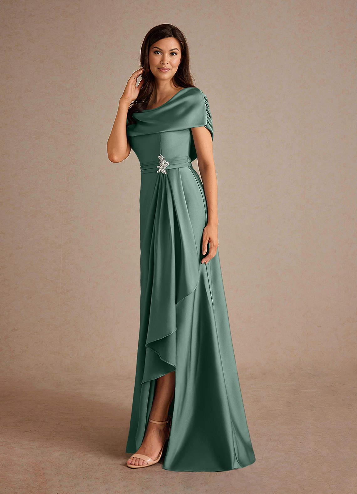 Azazie Branford Eucalyptus A-Line Pleated Stretch Satin Dress | Azazie
