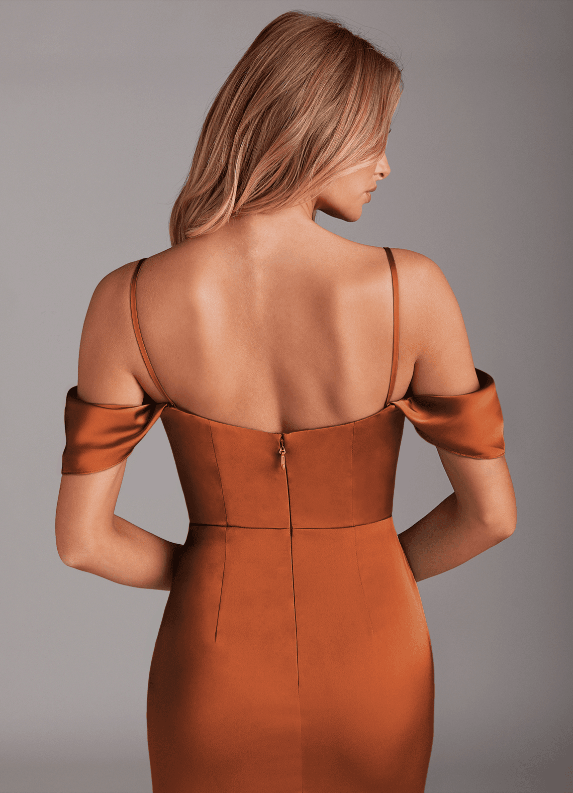 Azazie Saige Bridesmaid Dresses Cinnamon Sheath Off the Shoulder Stretch Satin Dress image7
