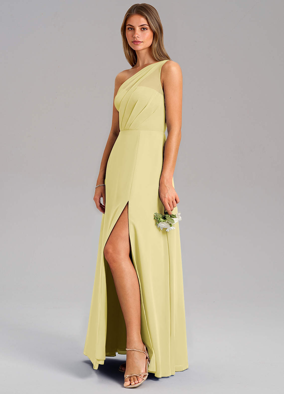 Azazie Phaedra Bridesmaid Dresses Lemon Sorbet A-Line One Shoulder Chiffon Dress image4