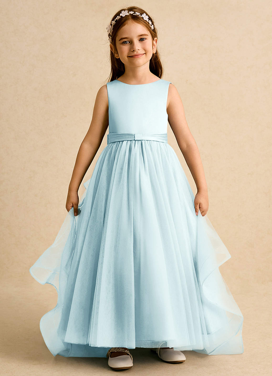 Azazie Lior vestidos de niña de las flores Vestido de Vidrio Marino de Tul de Corte Princesa con Plisado image1