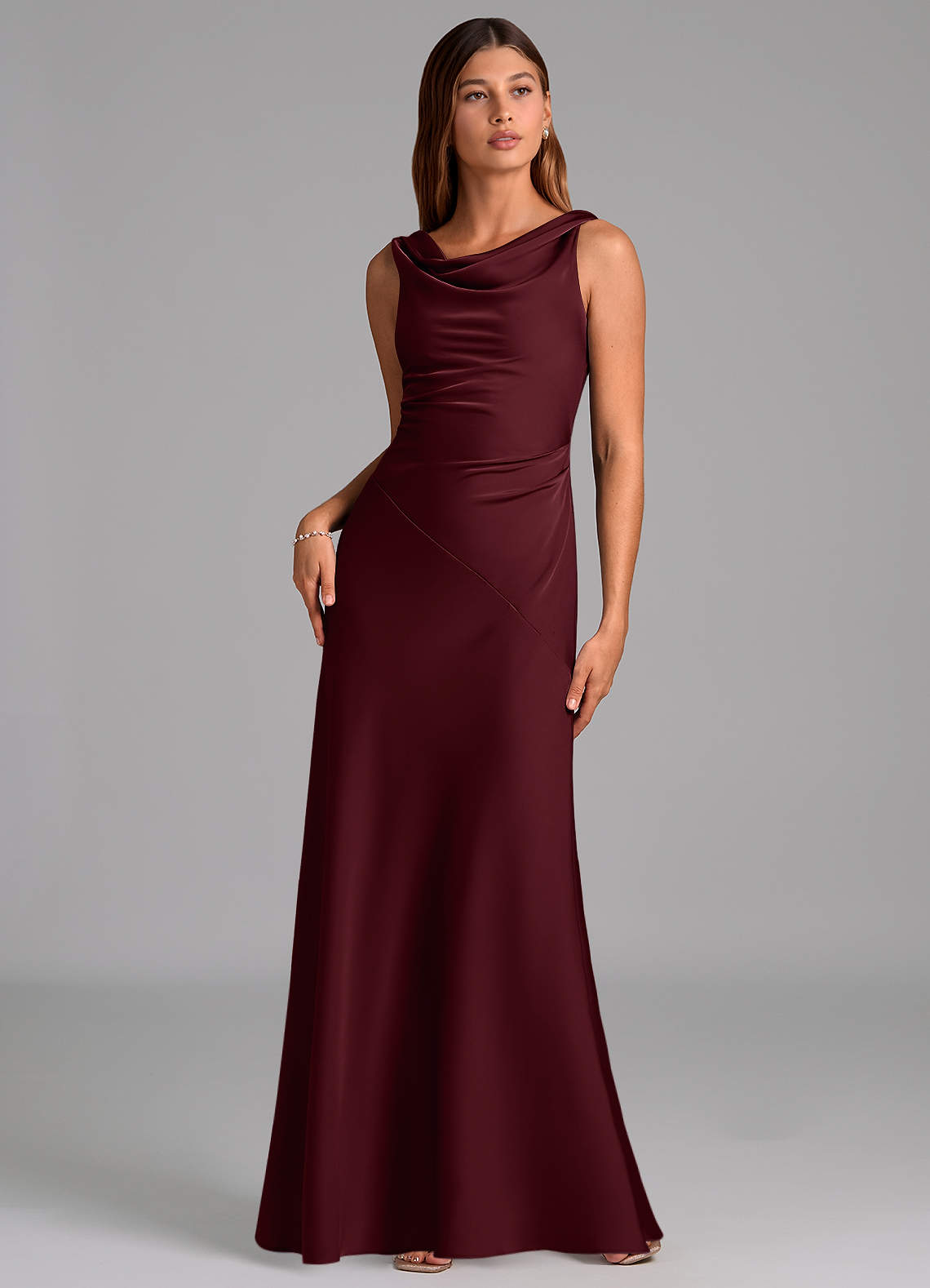 Azazie Nerine Bridesmaid Dresses Cabernet A-Line Pleated Stretch Satin Dress image2