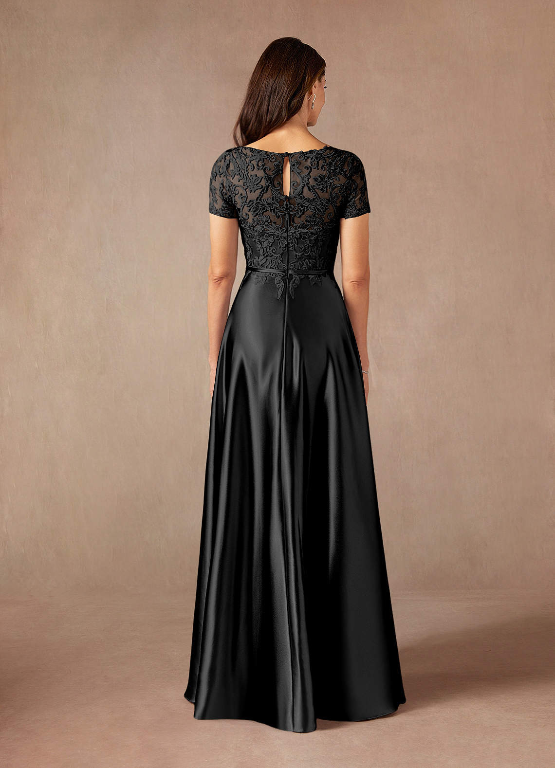 Azazie Adina Black A-Line Lace Metallic Satin Dress Sample Dress | Azazie Azazie Adina Black A-Line Lace Metallic Satin Dress Sample Dress | Azazie
