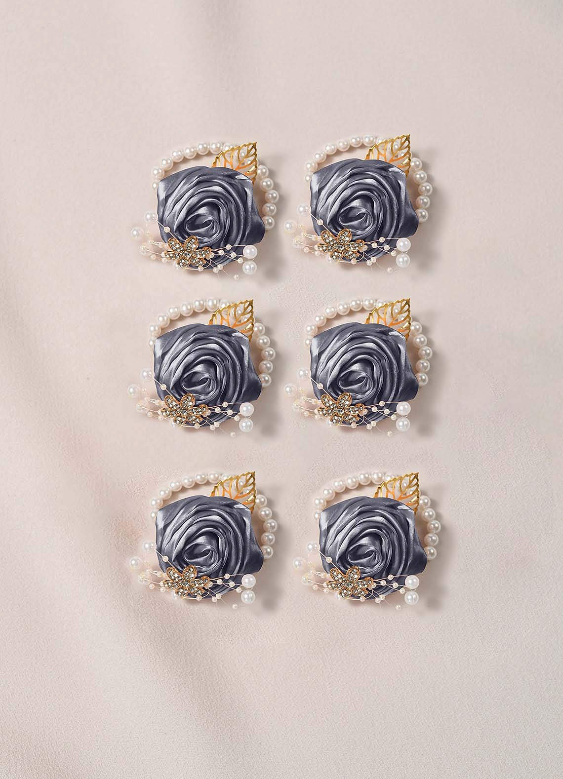 front 6PC Matching Color Bridesmaids Wrist Corsage with Pearl Bracelet