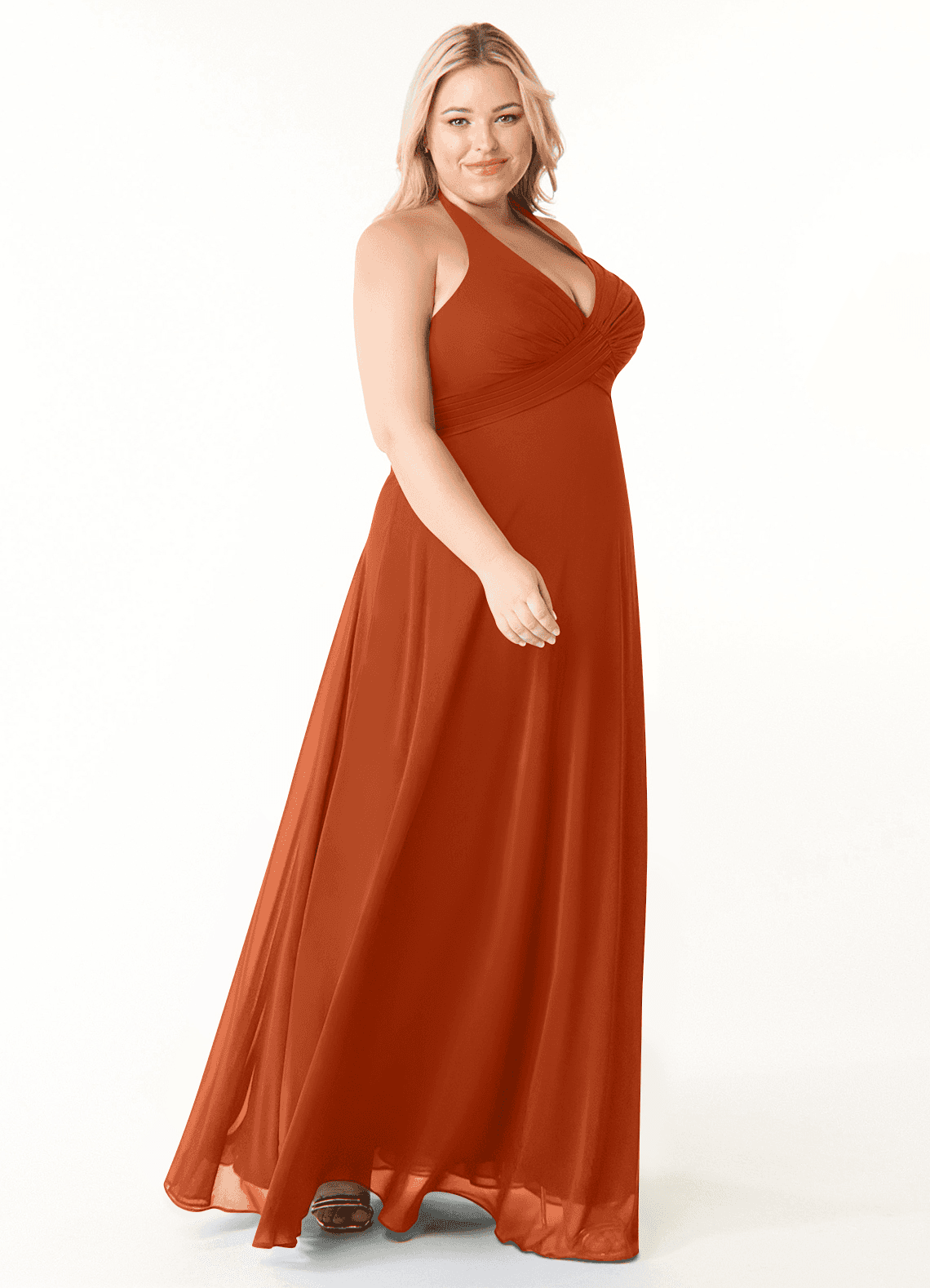 Azazie Tessie Vestidos de damas de honor Vestido de Naranja Quemada de Gasa de Corte en A con Cuello en V plisado image7