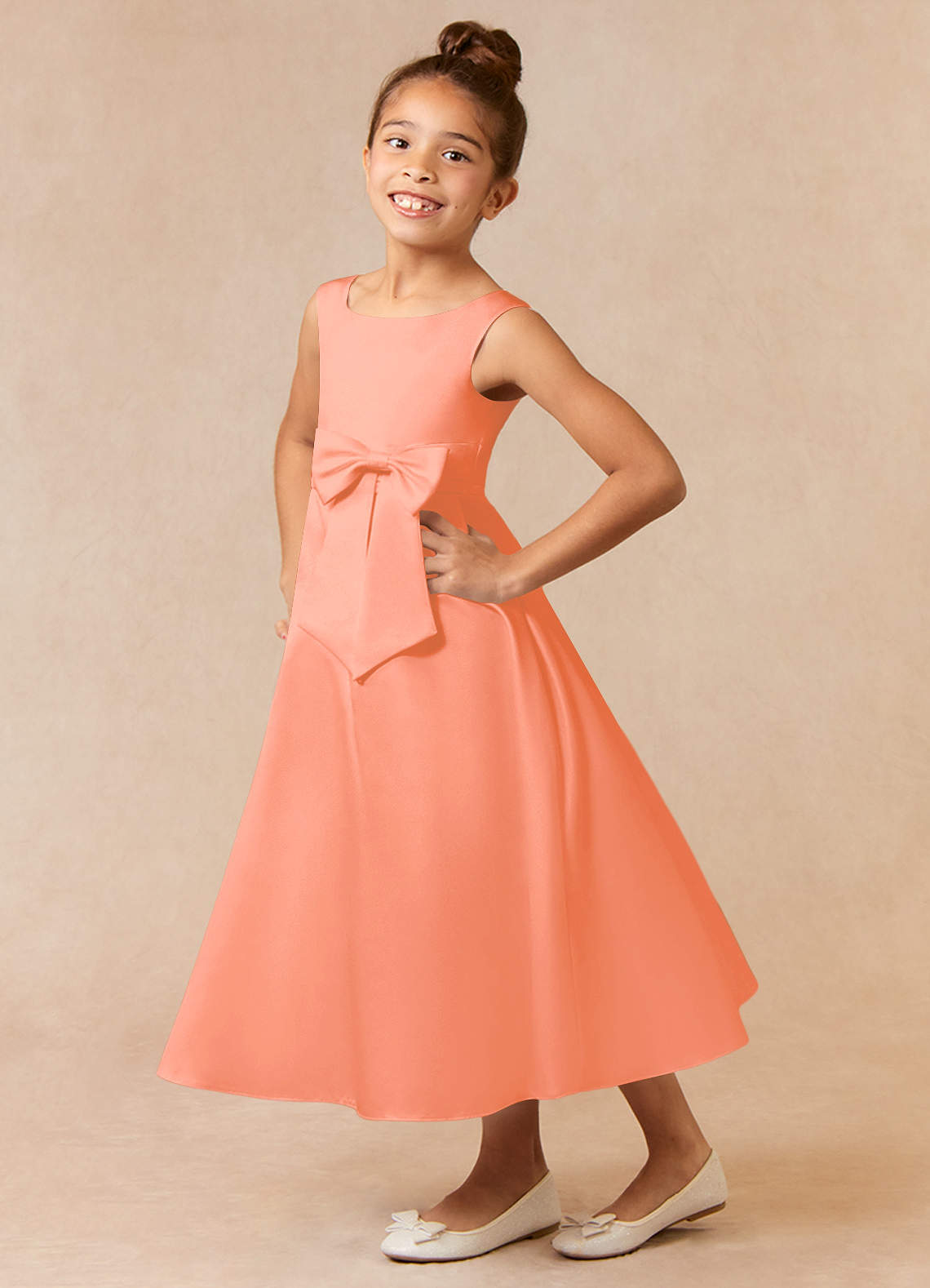Azazie Lindy Flower Girl Dresses Sunset A-Line Pleated Matte Satin Dress image1