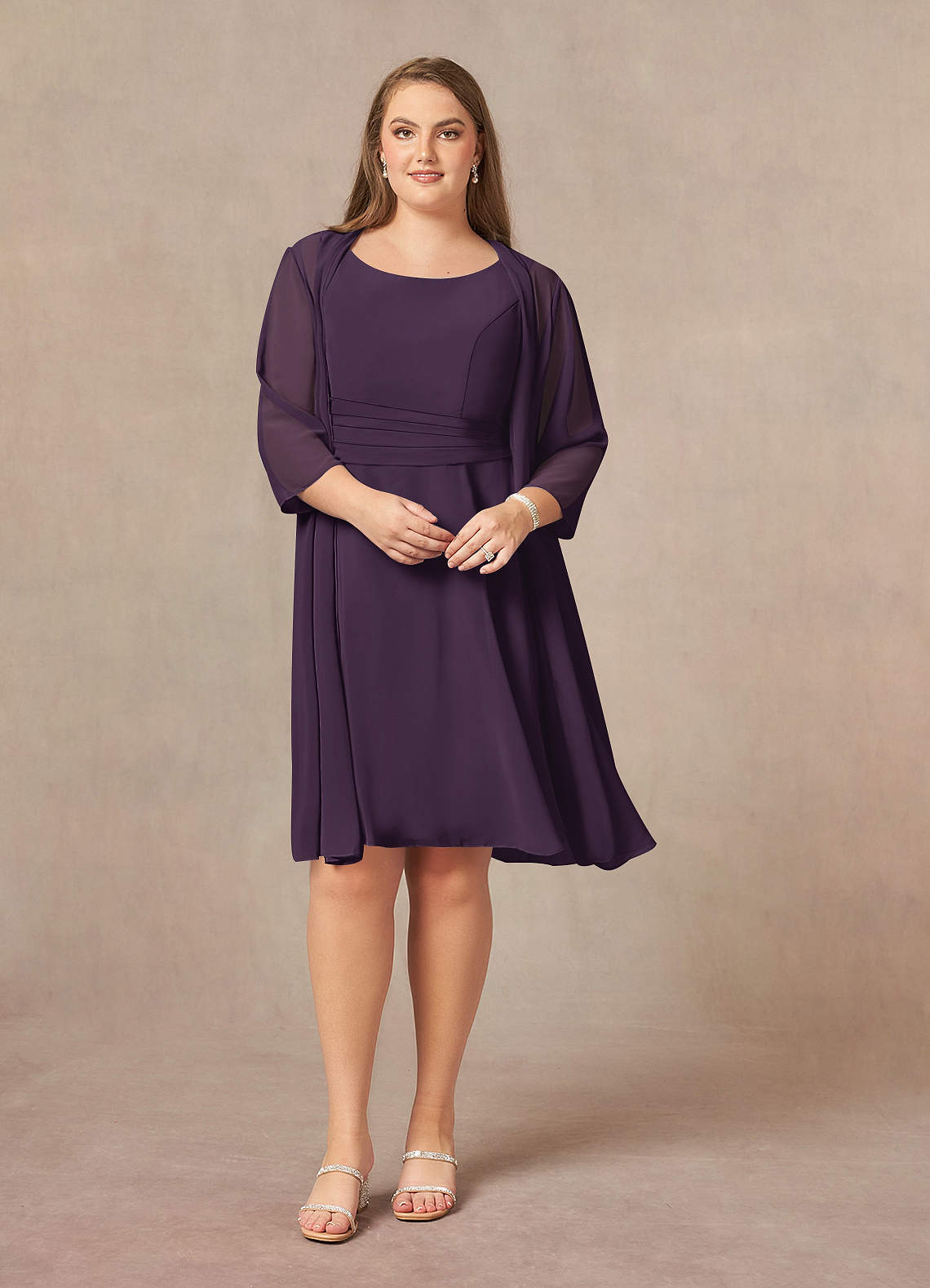 A-Line Scoop Neck Pleated Chiffon Tea-Length Dress Azalea
