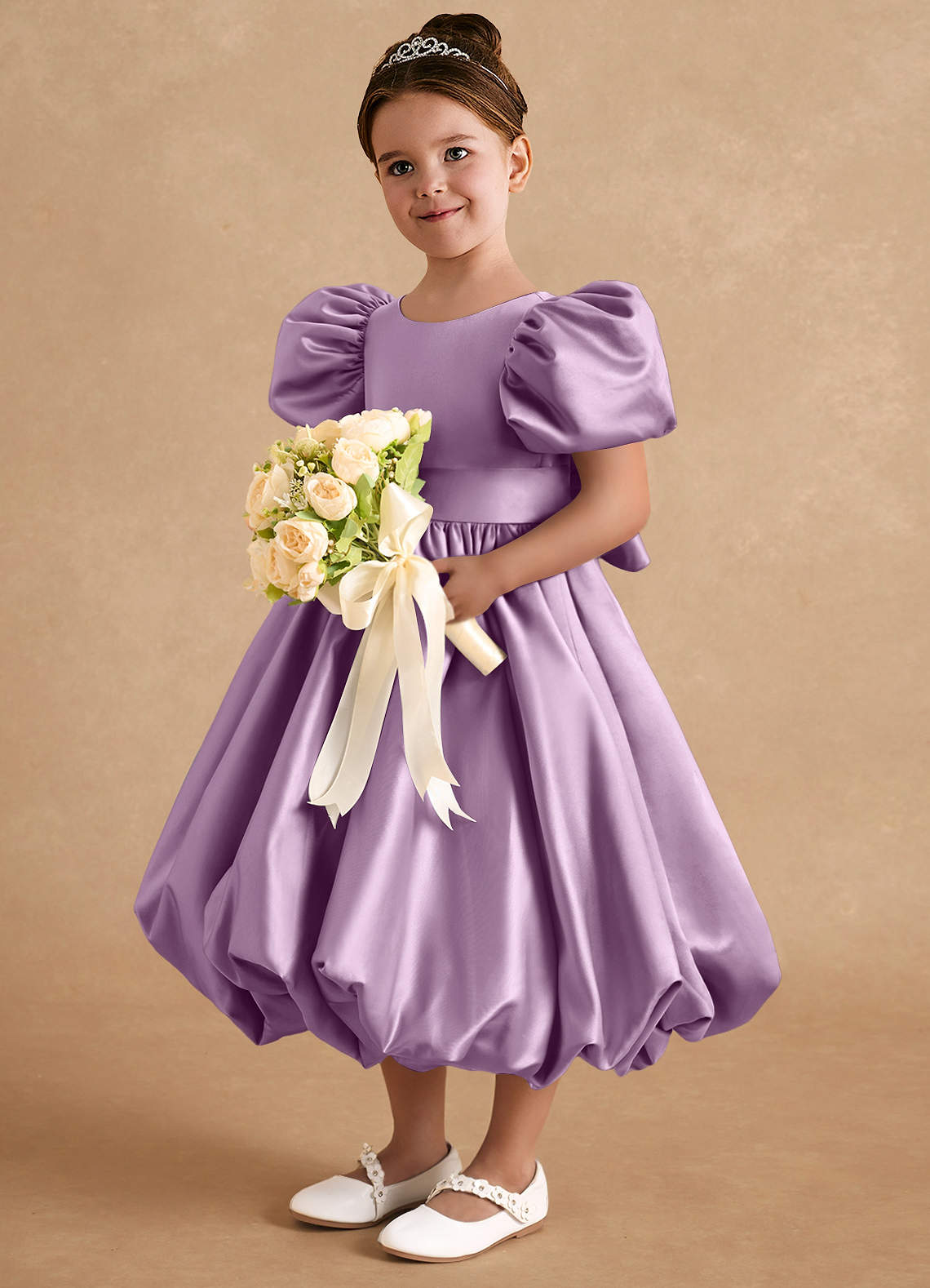 Azazie Jellybean Wisteria Ball-Gown Ruched Matte Satin Dress Azazie