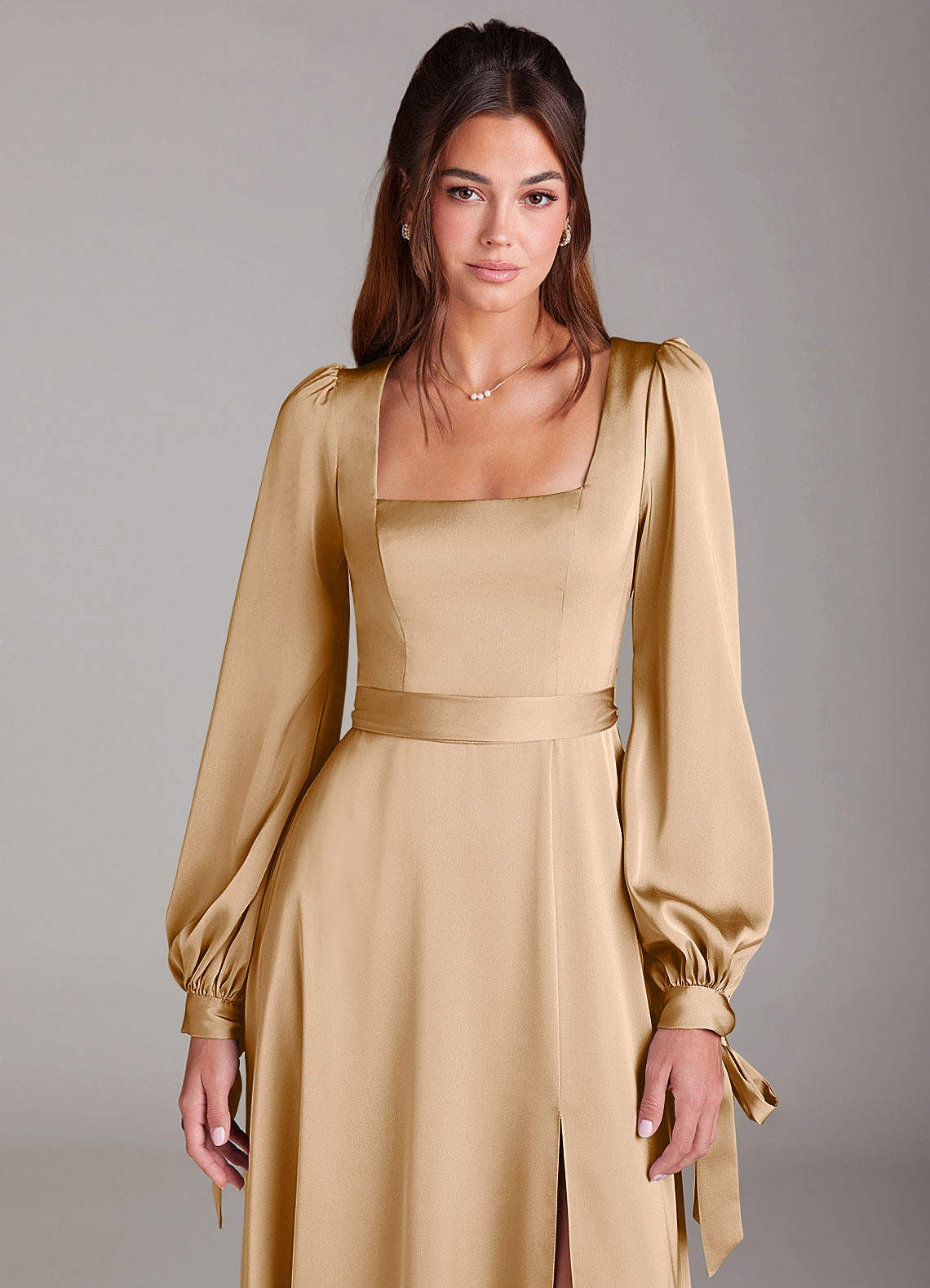 Azazie A-Line Square Neck Long Sleeve Floor-Length Stretch Satin Bridesmaid Dresses - Gold
