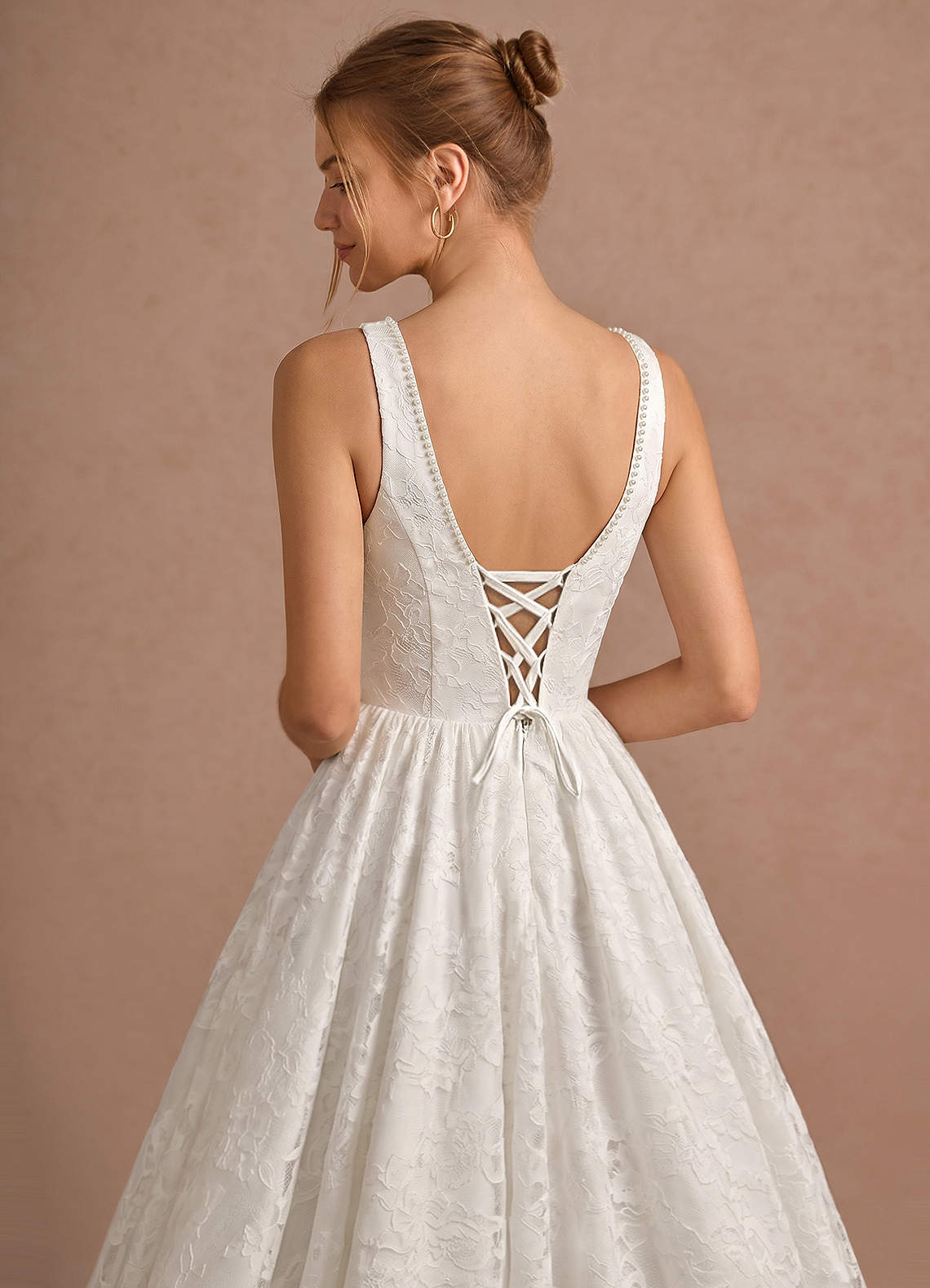 Roxanna White Jacquard Lace Up Back Midi A-line Graduation Dress | Azazie