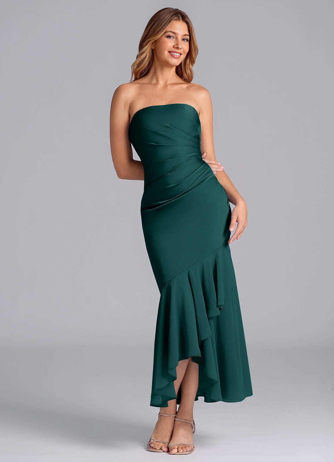 Azazie Danie Bridesmaid Dresses Pine Sheath Strapless Chiffon Dress image1