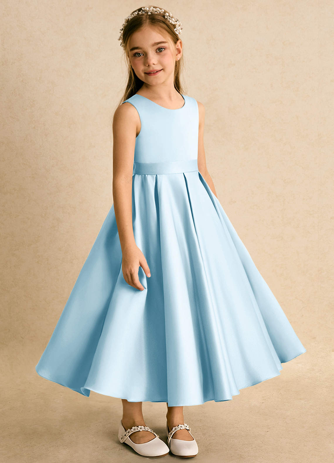 Azazie Junebuj vestidos de niña de las flores Vestido de Azul Cielo de Satin Mate de Princesa con Plisado image4