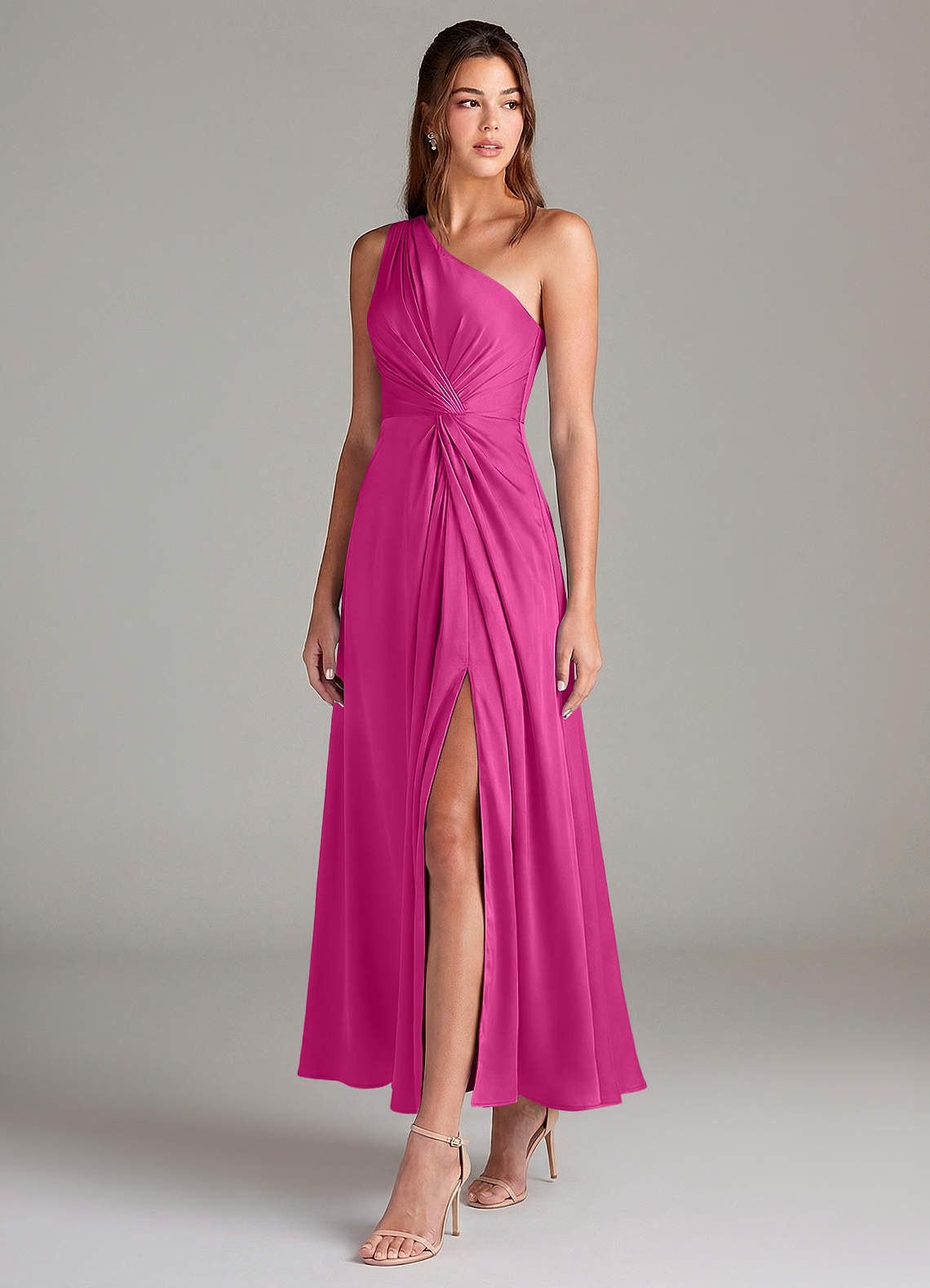 Azazie Brooke Robes de demoiselle d'honneur Robe Trapèze en Satin extensible Une épaule Fuchsia image2