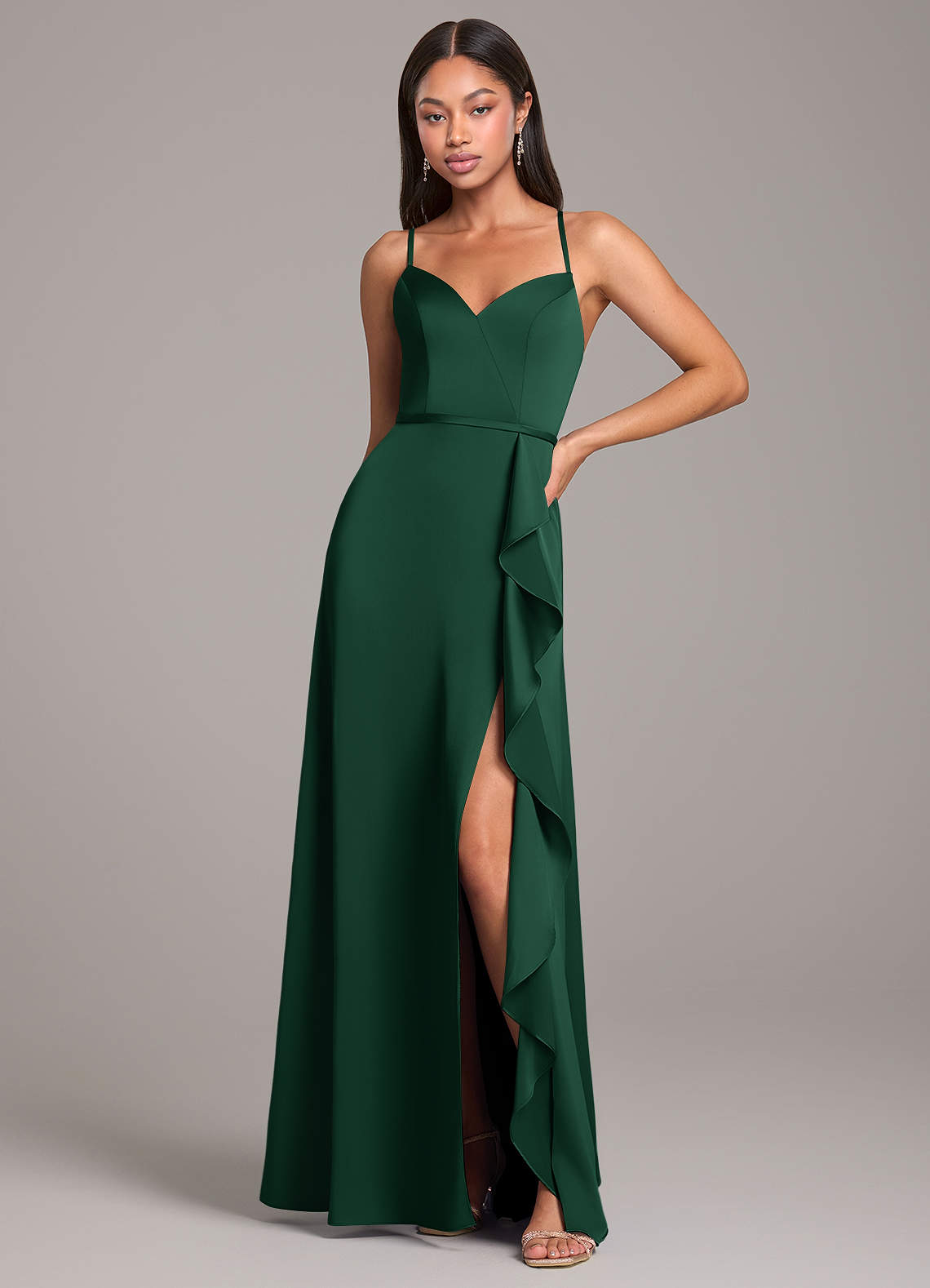 Azazie Naeem Robes de demoiselle d'honneur Robe Trapèze en Satin extensible Vert Foncé image1