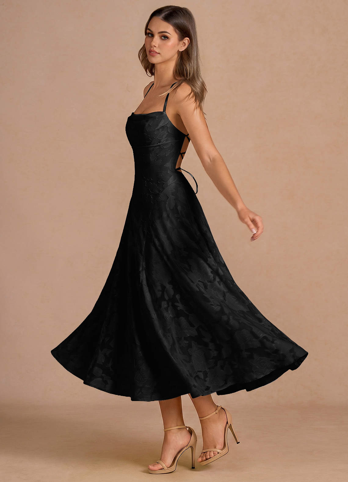 black midi evening dress Tie-Strap Bodycon | Womens | Large (Available in XS, S, M, XL) | 100% Polyester Lightweight mesh features a stunning pattern of 3D floral appliques as it shapes sheer puff sleeves with elastic at the cuffs and shoulders Black Structured Midi Dress |