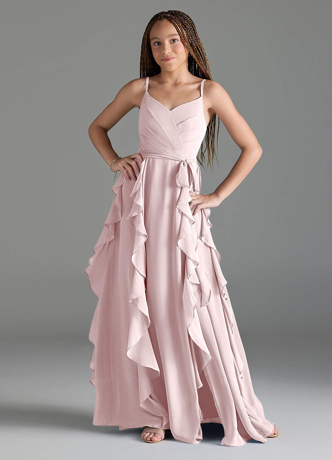 Azazie Peyton Junior Blushing Pink A-Line V-Neck Cascading Ruffles Chiffon Dress image1