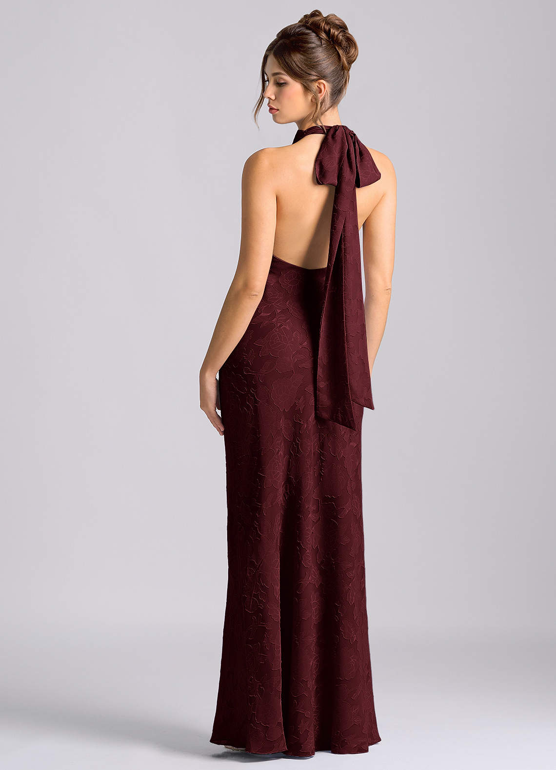Azazie Velli Vestidos de damas de honor Vestido de Cabernet de Devorado Floral de Corte Sirena con Cuello Alto image1