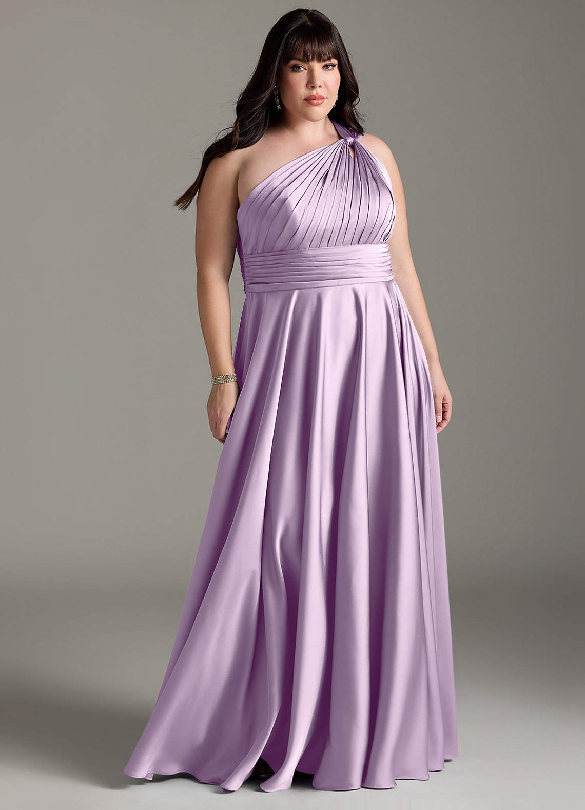 Azazie Charlize Bridesmaid Dresses Frosted Lilac A-Line One Shoulder Stretch Satin Dress image1
