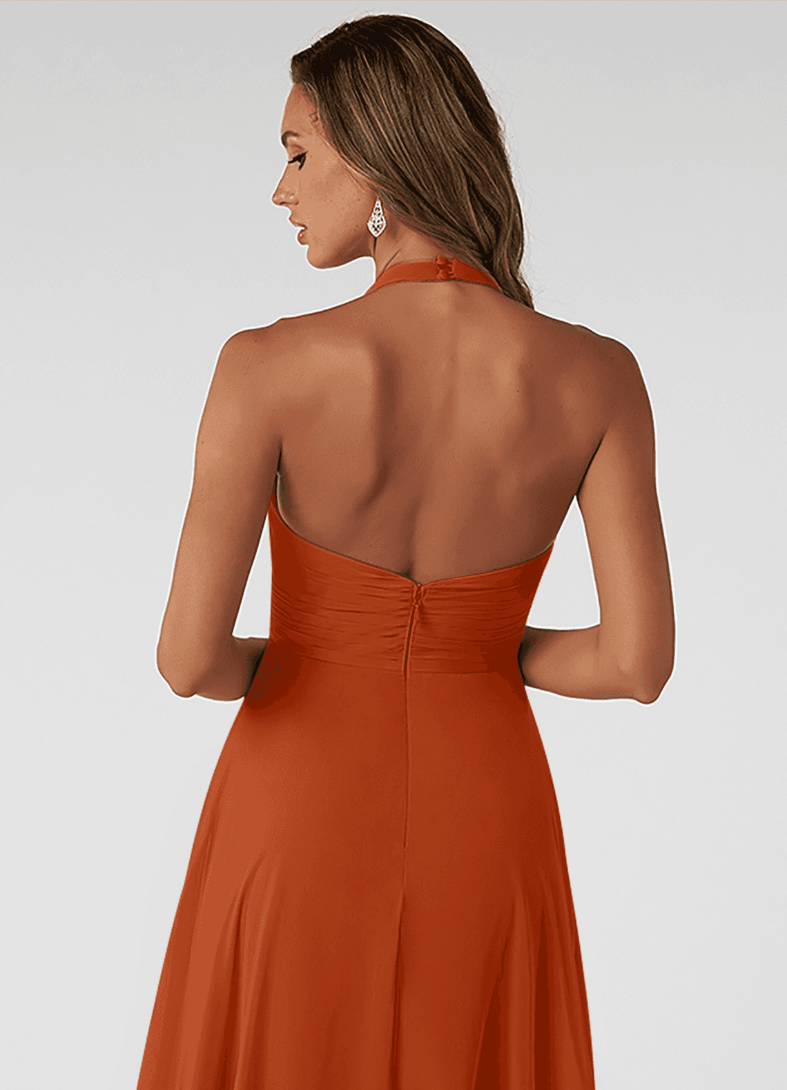 Azazie Tessie Vestidos de damas de honor Vestido de Naranja Quemada de Gasa de Corte en A con Cuello en V plisado image3