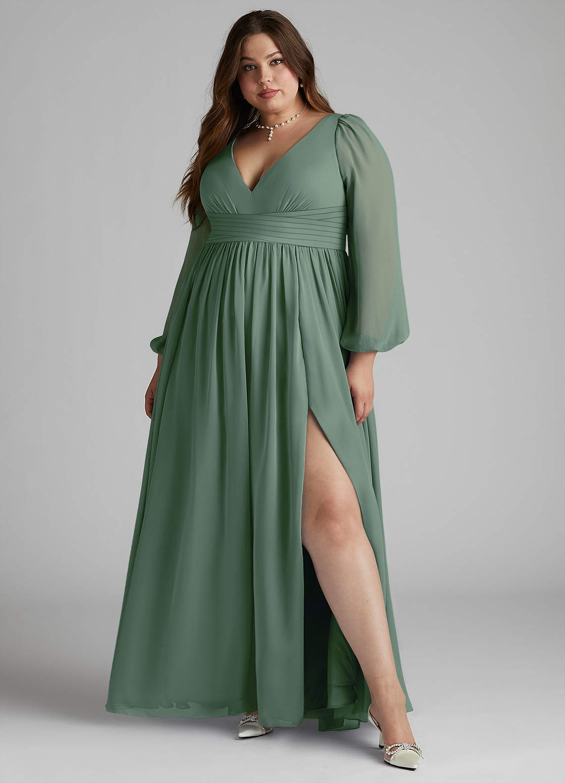 Azazie Norah Bridesmaid Dresses Eucalyptus A-Line V-Neck Long Sleeve Chiffon Dress image5