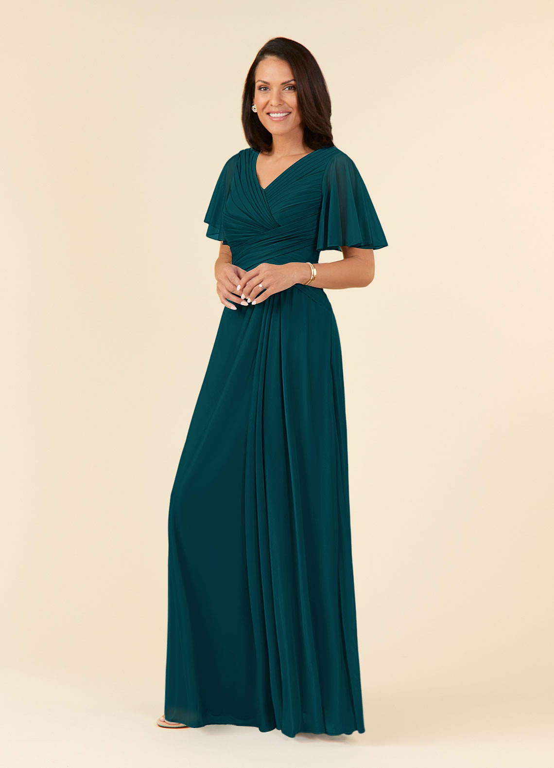 Azazie Emmeline Mother of the Bride Dresses Pine A-Line V-Neck Pleated Mesh Dress image2