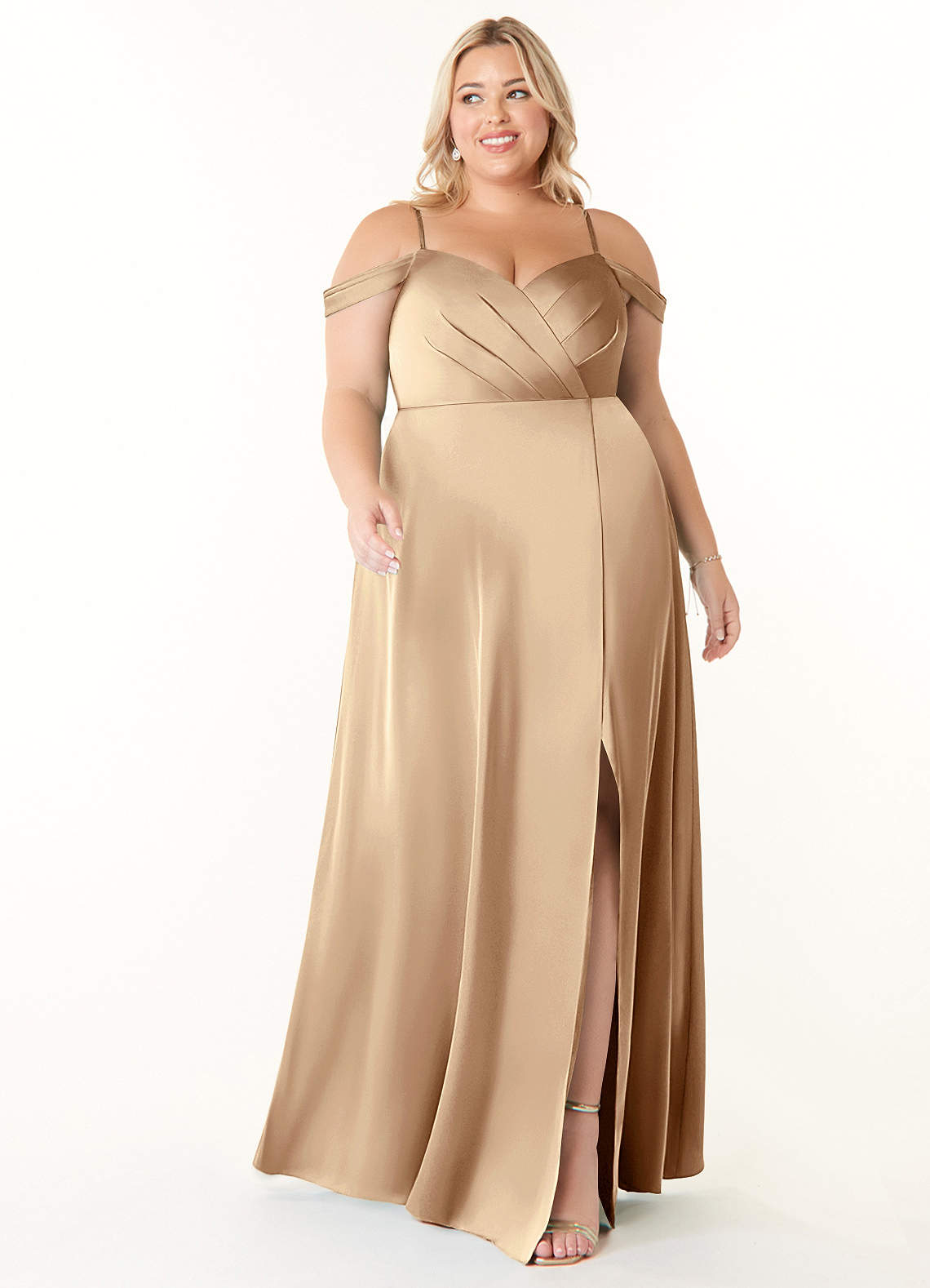 Azazie Ocean Bridesmaid Dresses Champagne A-Line V-Neck Pleated Stretch Satin Dress image1