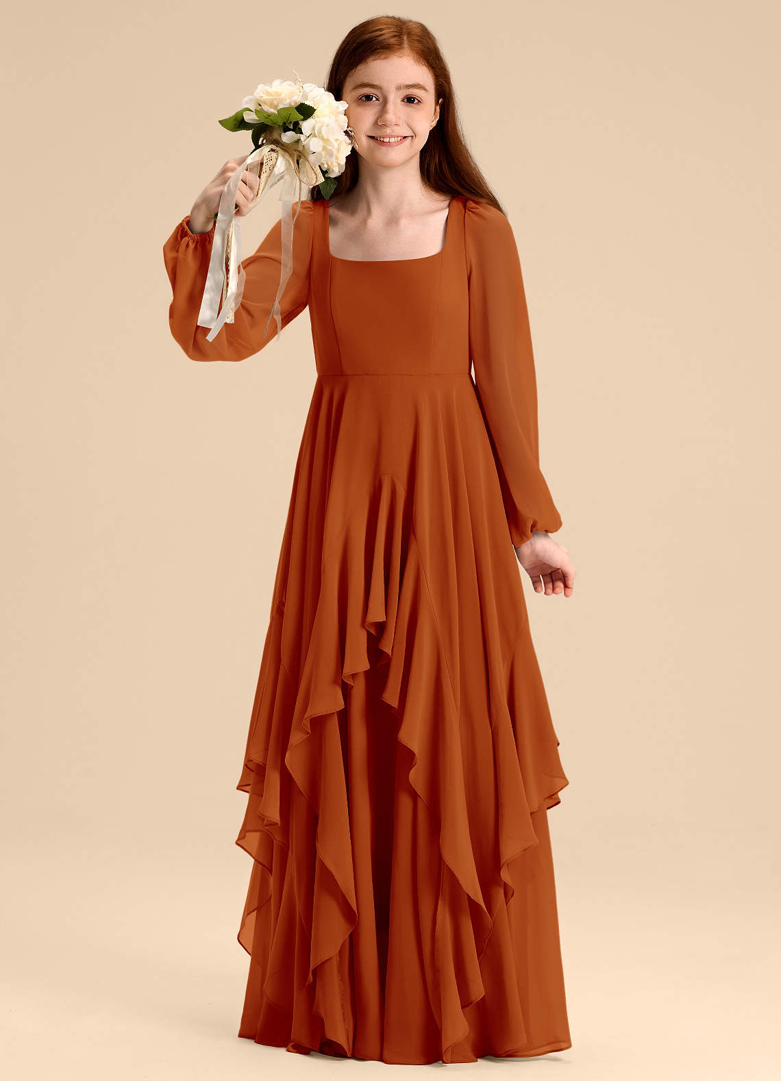 Azazie Clara Junior Abito A-Line in Chiffon Blusa Paprika image1