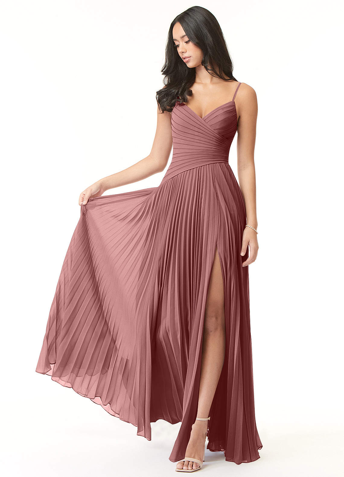 Azazie Vini Bridesmaid Dresses Desert Rose A-Line V-Neck Pleated Chiffon Dress image1