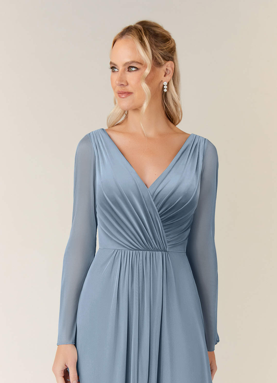 Azazie Teraso Mother of the Bride Dresses Dusty Blue A-Line Pleated Mesh Dress image3