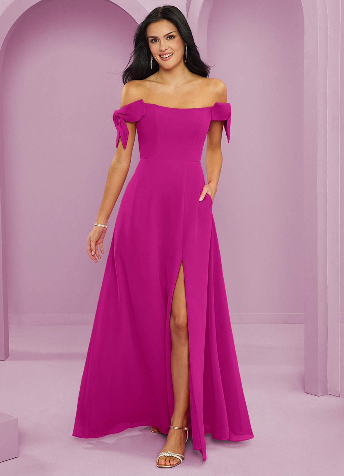 Barbie ♥ Azazie Bridesmaid Dresses Fuchsia A-Line Off the Shoulder Chiffon Convertible Dress image1
