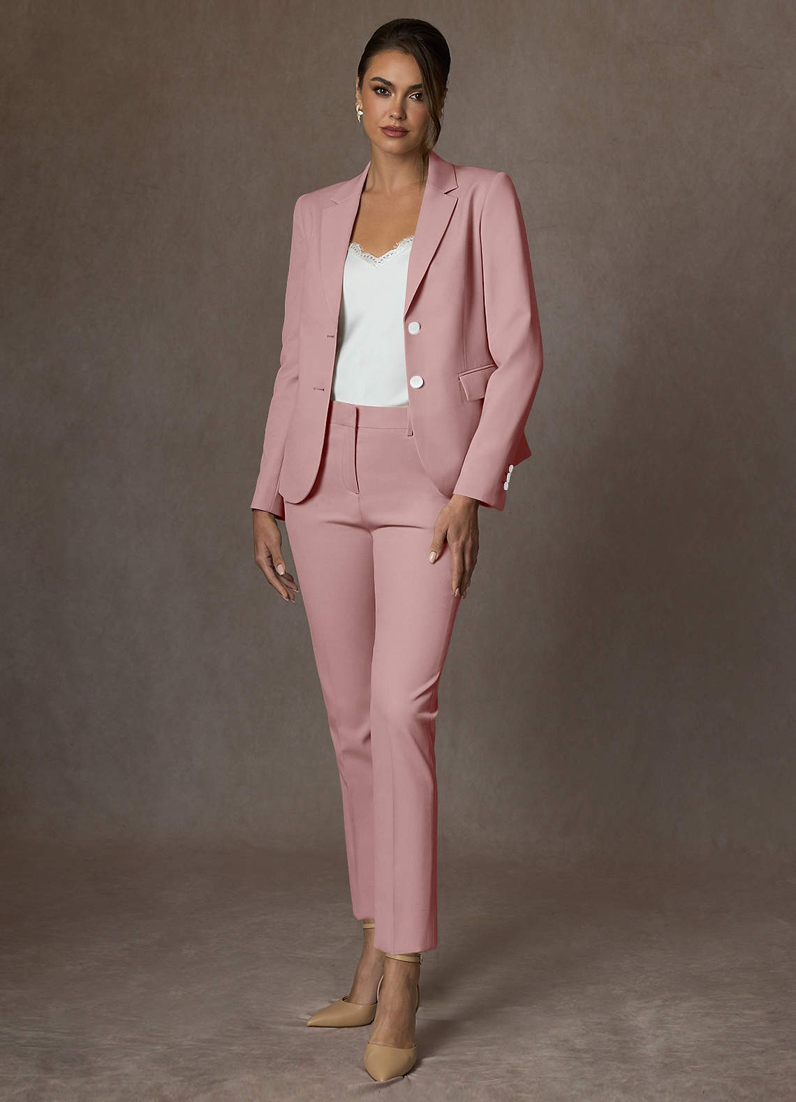 front Whitney Dusty Rose Structured Stretch Full Length Pants Suit