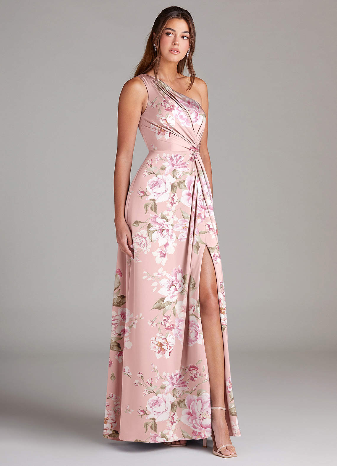 Azazie Brooke Jurken voor bruidsmeisjes Jurk van Stretch Satijn met A-Lijn One-Shoulder Roze Bloemenbloei image4