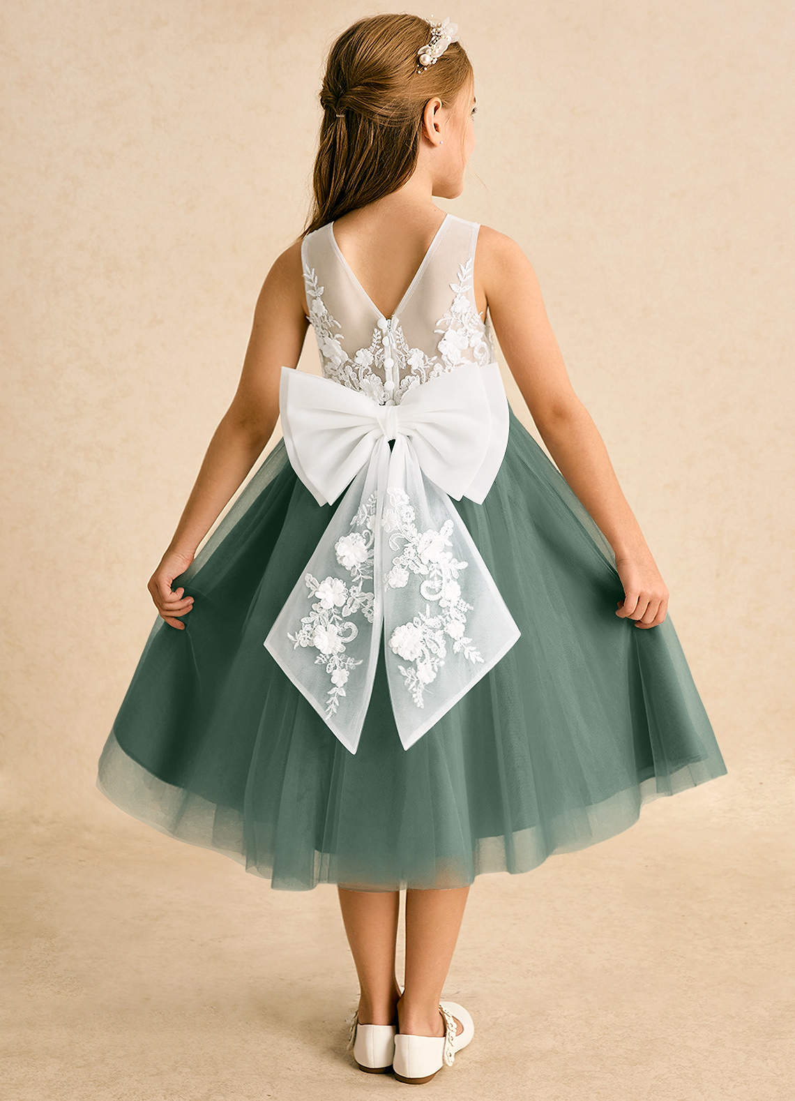 Azazie Lina Flower Girl Dresses Ivory Eucalyptus Ball-Gown Lace Dress image1