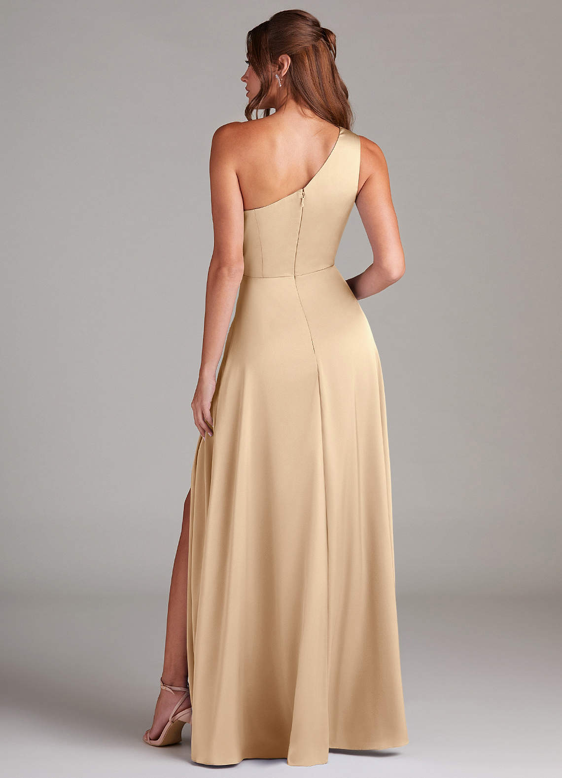 Azazie Brooke Bridesmaid Dresses Champagne A-Line One Shoulder Stretch Satin Dress image6