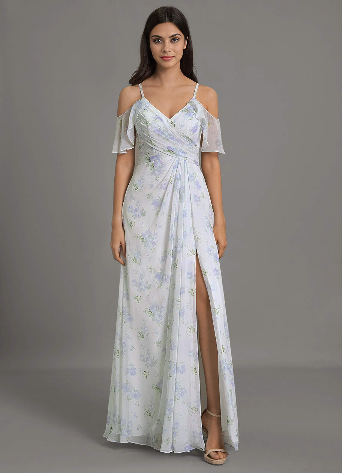 Azazie Dakota Bridesmaid Dresses Blue Vintage Floral A-Line V-Neck Pleated Chiffon Dress image1