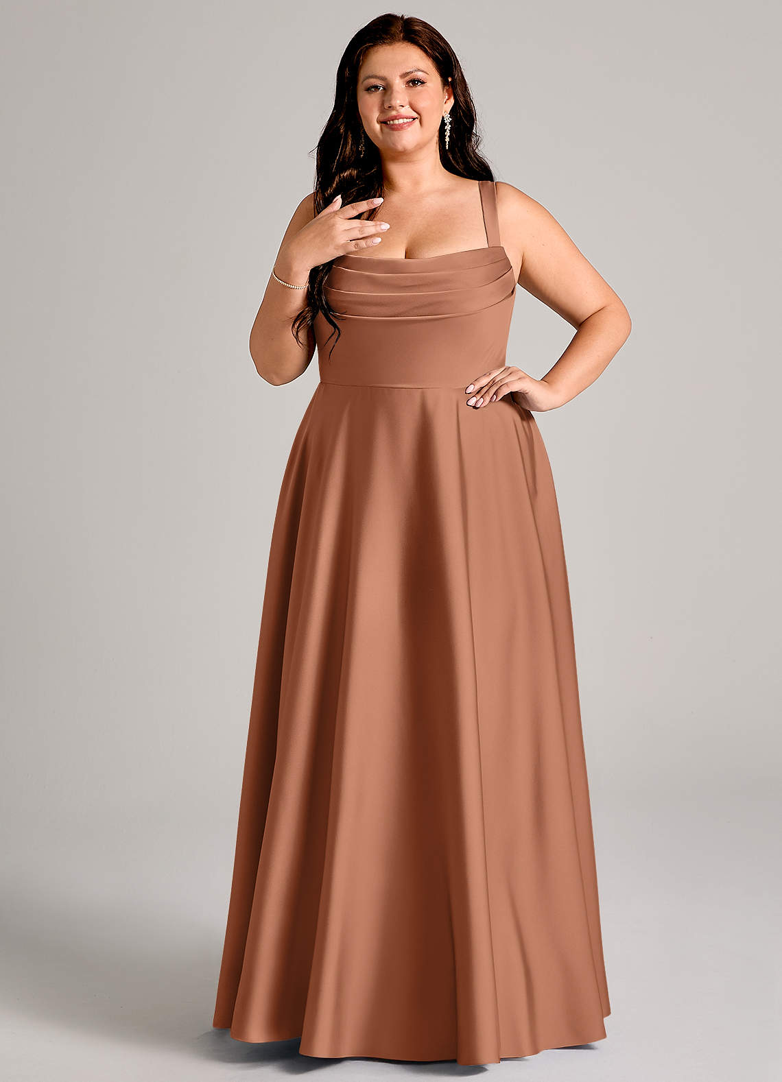 Azazie Shaude Bridesmaid Dresses Bronzer A-Line Pleated Stretch Satin Dress image1