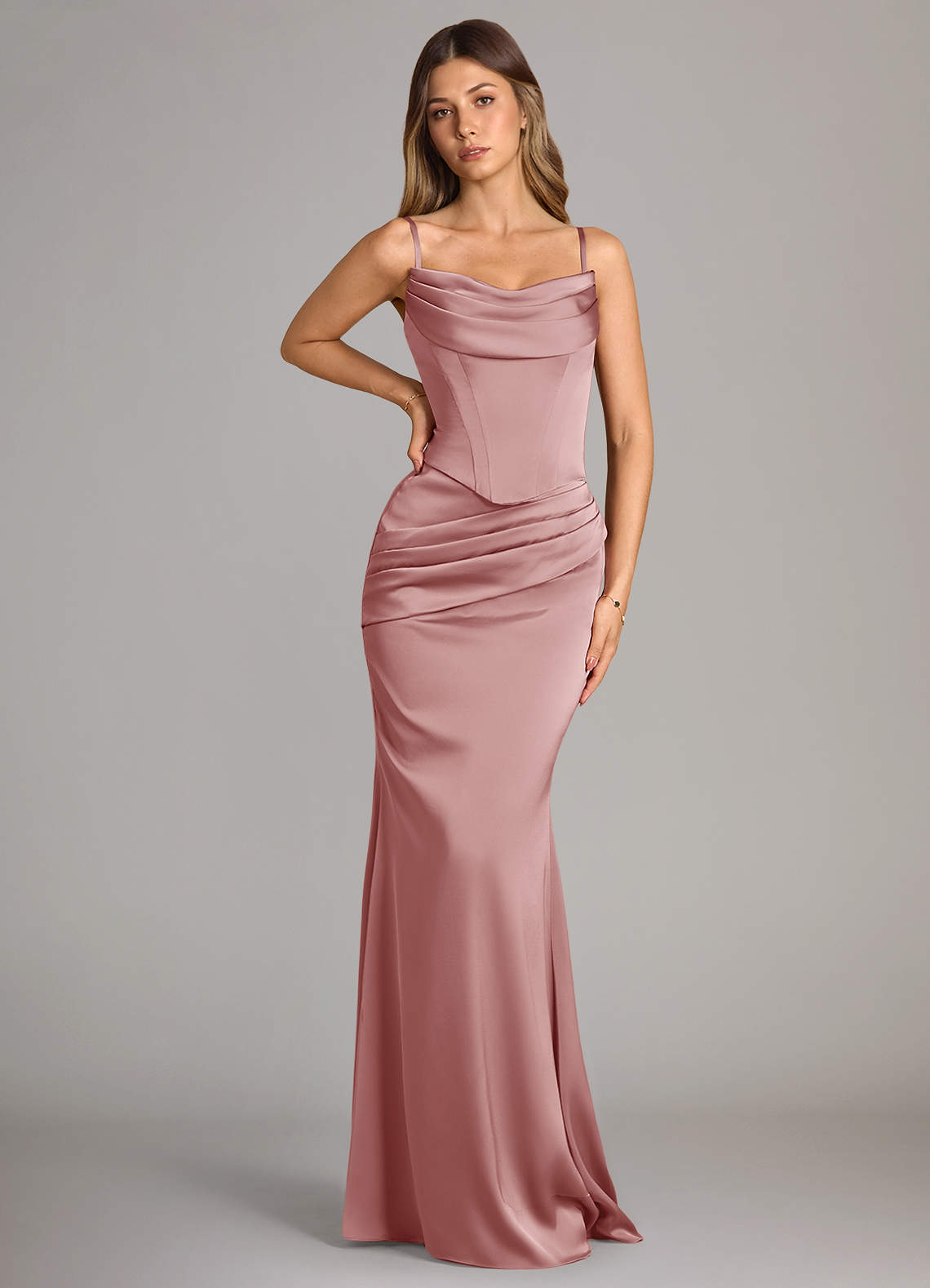 Azazie Sorrel Vestidos de damas de honor Vestido de Rosa Polvorienta de Satén Elástico de Corte Sirena Convertible con Sin tirantes image5