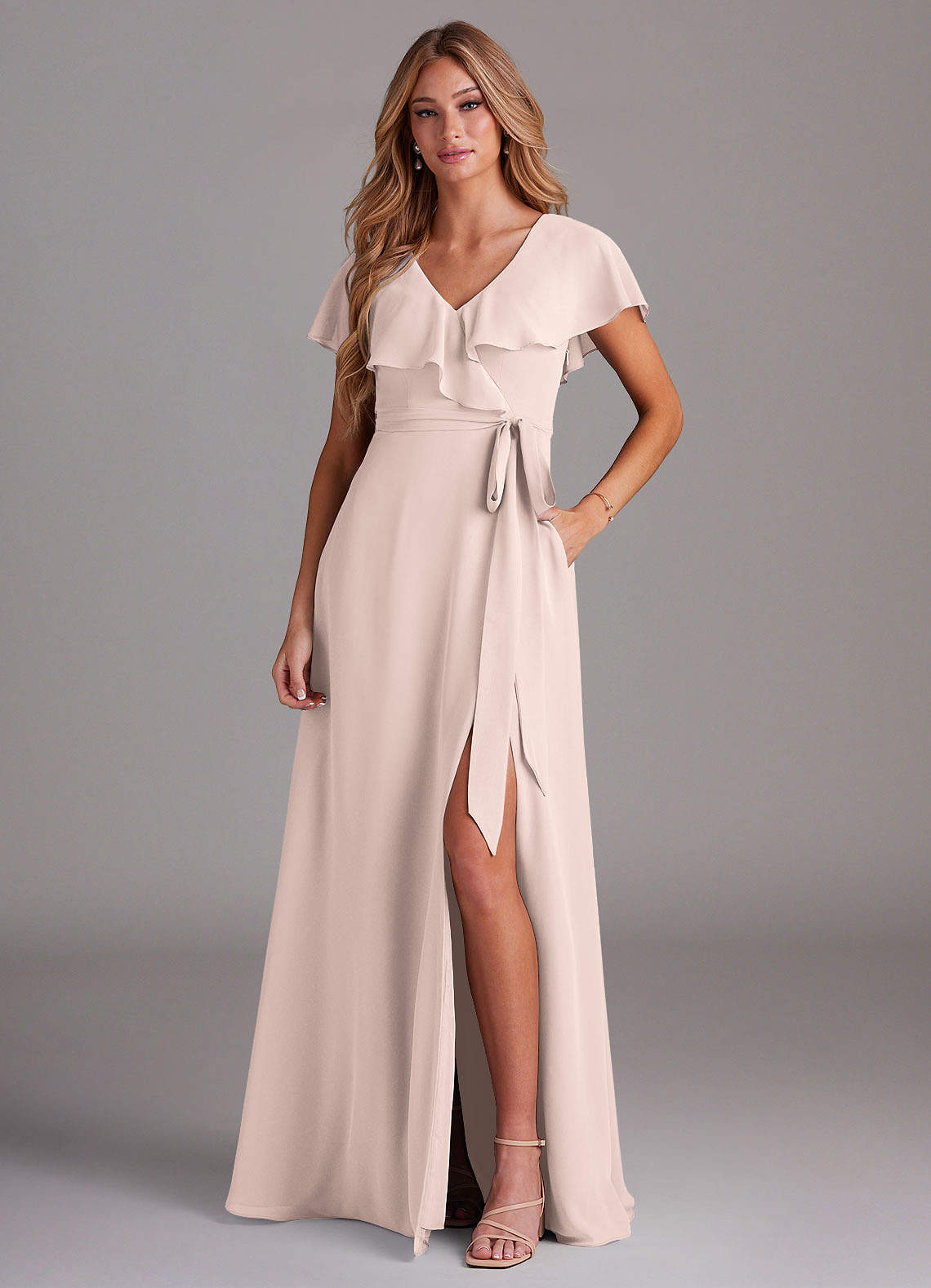 Azazie Lainey Bridesmaid Dresses Rose Petal A-Line with Pockets Chiffon Dress image1